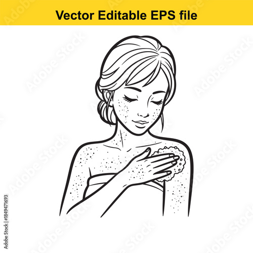  vector illustration of a woman with her hand on her shoulder, depicting a skin condition or eczema problem