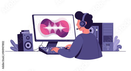 Man Wearing Headphones Working on Computer.
