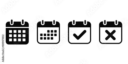Calendar Icons With Monthly Grid Check Mark and Cross Symbols on White Background