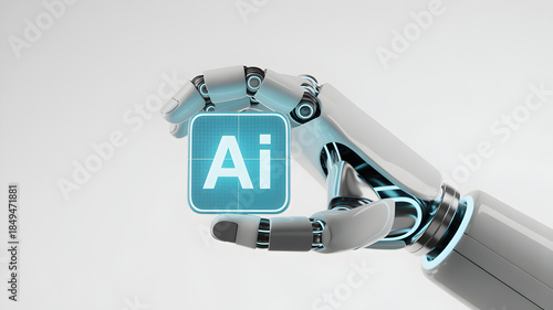 Robotic hand holding glowing 'AI' icon, symbolizing artificial intelligence and future technology.