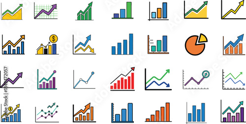 Collection of colorful graph and chart icons