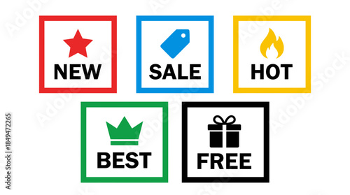 Assorted promotional labels and badges showcasing sale, new, and hot products in a clean layout