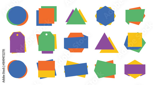 A collection of colorful geometric shapes overlapping each other on a white background from a direct viewpoint