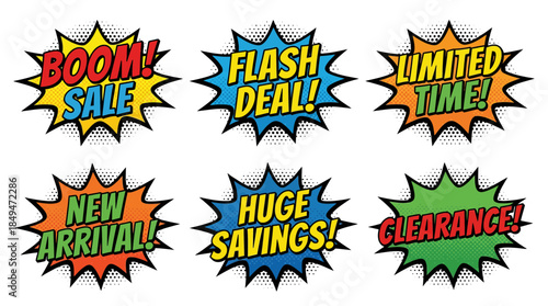 Collection of colorful sale labels and promotional stickers on a white background