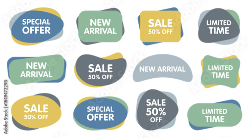 Collection of promotional badges displayed together on a neutral background