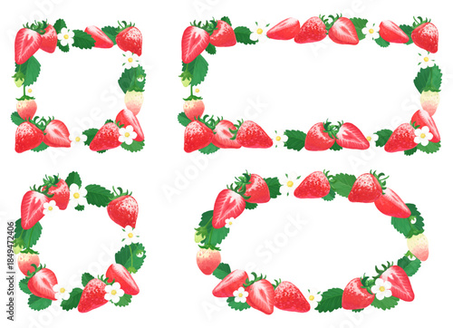 手描きの苺イラスト_丸・四角フレームセット