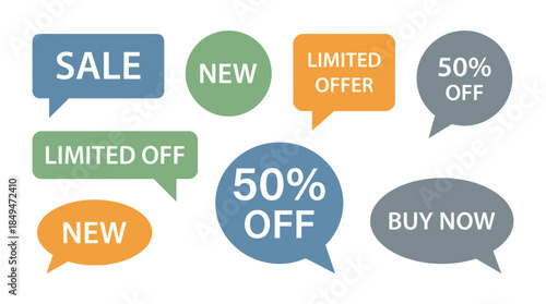 Collection of colorful speech bubbles with promotional messages and offers displayed prominently