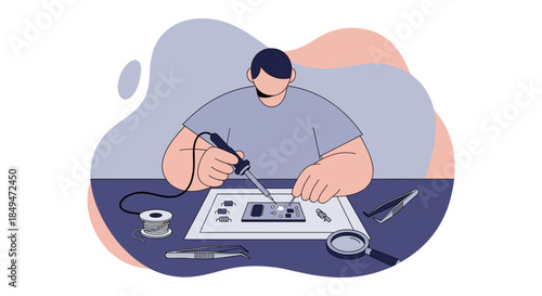 Man Working on Circuit Board with Soldering Iron.