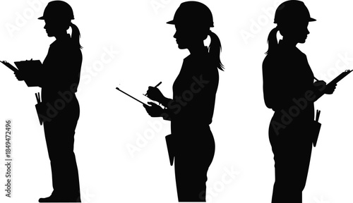 Silhouette of female construction workers, holding clipboards, wearing safety helmets, standing poses, engineer women, site inspectors, building industry, isolated background
