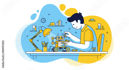 Man Working on Mechanical Device Illustration.