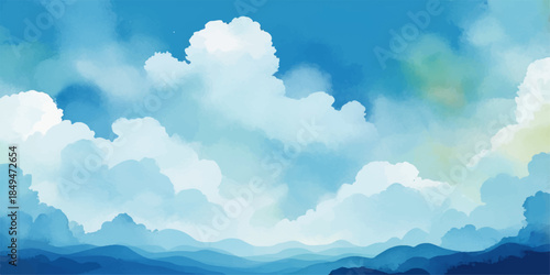 Beautiful summer day landscape view of blue sky with white clouds over a mountain