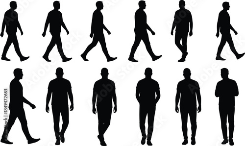 Silhouette of men walking, standing, casual poses, side and front view, male figures in motion, isolated black shape, white background