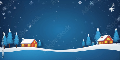 Christmas winter landscape illustration with a snowy village house, decorated tree, and snowflakes under a night sky
