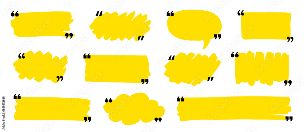 Naklejka premium Text box frame set with quotation mark. Hand drawn marker brush stroke text speech message frame background. Quotation mark dialog speech, square, chat banner design template. Vector illustration