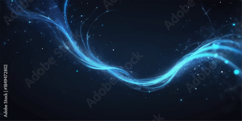 Abstract blue background with bright glowing stars, light motion, and a dark wave pattern