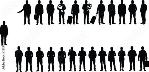 Silhouette of men, business travelers, holding luggage, carrying briefcase, bouquet flowers, standing poses, walking, isolated white background, professional male figures