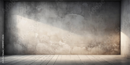 Empty vintage room with dark grunge concrete wall, cement floor, and light smoke backdrop interior design texture