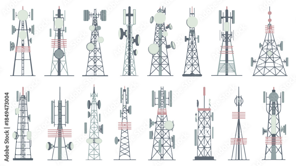 Fototapeta premium Twelve communication towers with antennas and dishes cell towers telecommunication