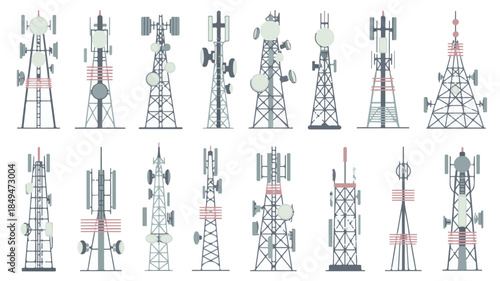 Twelve communication towers with antennas and dishes cell towers telecommunication