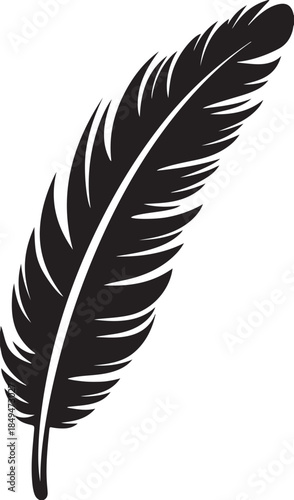 A black and white vector illustration set of bird feather quills and plume silhouettes isolated on white background for nature art, ink calligraphy writing, and literature design