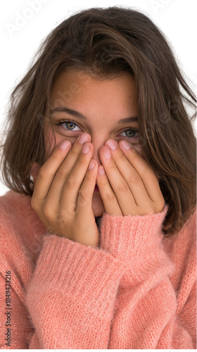 Wallpaper Mural Expressive young woman in a pink sweater covering her face with her hands isolated on transparent background. Torontodigital.ca