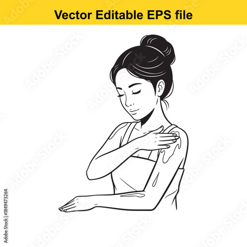  vector illustration of a woman scratching her shoulder in a simple line drawing style