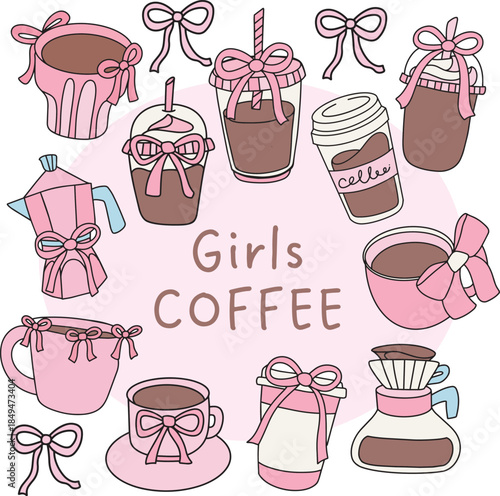 Pink Coquette Aesthetic Coffee and Ribbon Doodle Collection