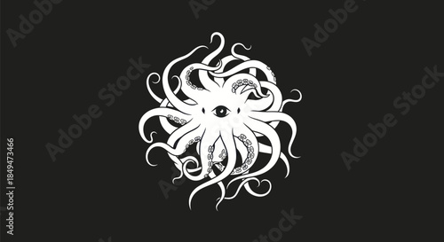 Monochromatic illustration of a stylized octopus with swirling tentacles.