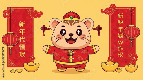 A cheerful cartoon mouse in traditional chinese red attire