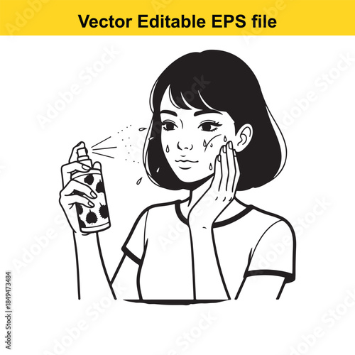  vector illustration of a woman applying facial spray on her cheek with a smile