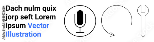Audio technology, tool usage, updates, refresh cycles, voice communication, repair services. Black microphone, circular arrow and wrench. Audio technology and updates concepts