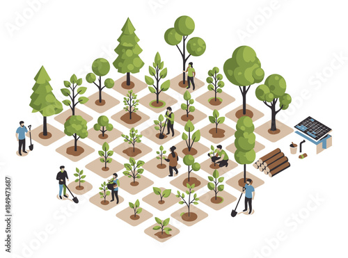 Isometric Tree Planting Forest Vector Illustration