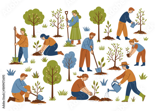 Hand-Drawn Tree Planting Forest Vector Illustration