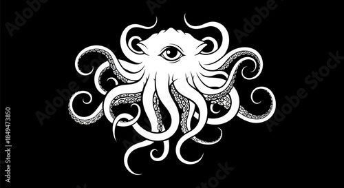 Monochromatic Illustration of a Tentacled Creature with a Central Eye.