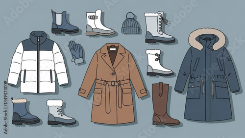 Winter clothing and footwear collection with coats, boots, hat, and gloves on blue background