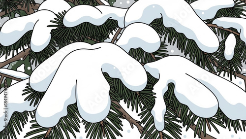 Snow covered pine tree branches in winter landscape scene