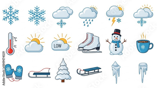 Winter weather icons with snowflakes, clouds, thermometer, ice skates, snowman, and hot