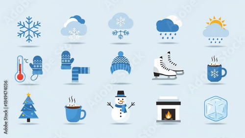 Winter icons set including snowflake, snowman, hot chocolate and ice skate on blue background