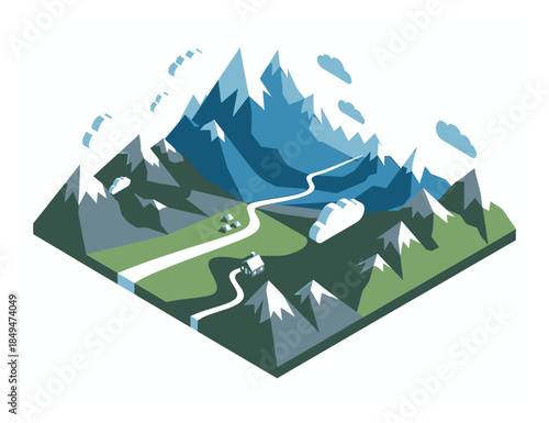 Modern Isometric Mountain Landscape Vector Illustration