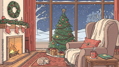 Cozy living room with christmas tree, fireplace, and snowy night view through large window