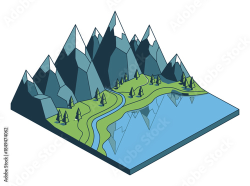 Modern Isometric Mountain Landscape Vector Illustration