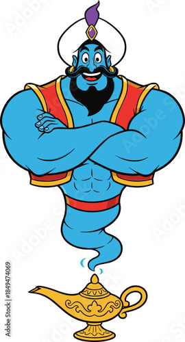 Cartoon genie with turban and vest, smiling face, golden lamp swirl, magical folklore character, flat vector illustration