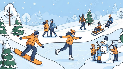People ice skating and snowboarding on snowy hill with snowman and trees
