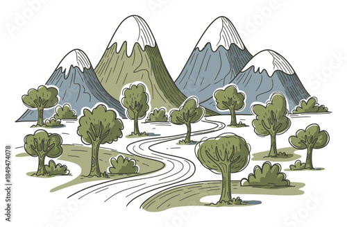 Hand-Drawn Mountain Landscape Vector Illustration
