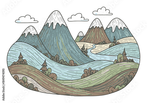 Hand-Drawn Mountain Landscape Vector Illustration