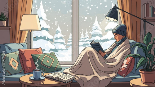 Woman in warm clothing sits on a sofa reading a book by the snowy window with a cup of coffee
