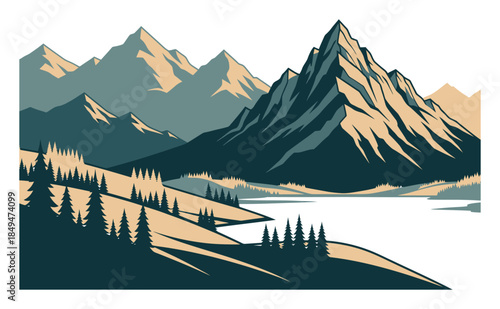 Modern Duotone Mountain Landscape Vector Illustration