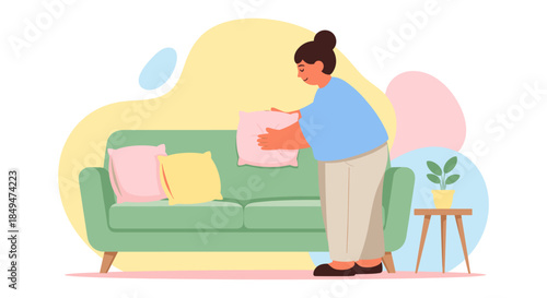 Woman Changing Baby Diaper on Sofa.