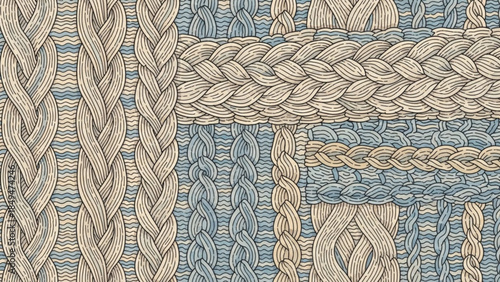 Intricate light brown braided rope patterns on blue background