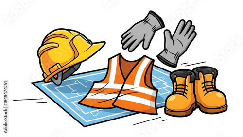 Essential construction safety gear with hard hat, vest, gloves, and boots on a blueprint.